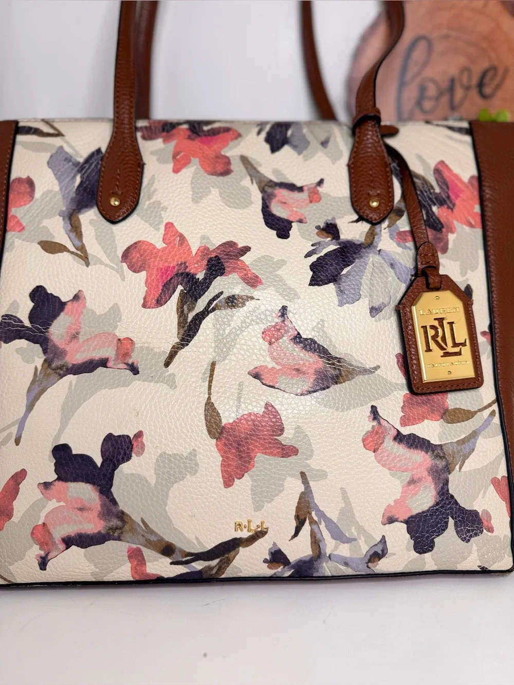 Ralph Lauren Floral Canvas Tote in Cream, Brown, Pink and Navy